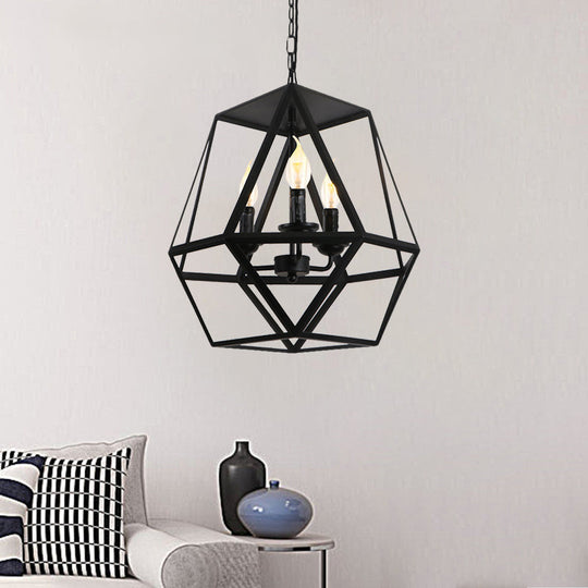 Vintage Black Barrel/Birdcage Chandelier Pendant Light With Wire Guard - 3 Lights For Table /