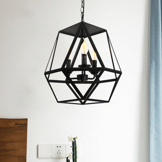 Barrel/Birdcage Chandelier Lighting - Vintage Style Pendant Light - 3 Lights - Black Metallic - Over Table