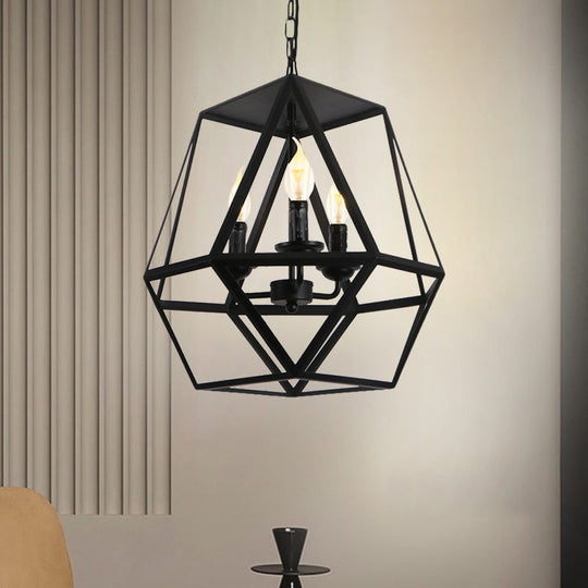 Barrel/Birdcage Chandelier Lighting - Vintage Style Pendant Light - 3 Lights - Black Metallic - Over Table