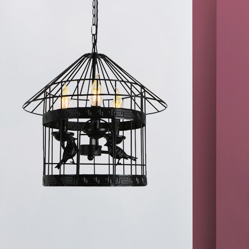 Barrel/Birdcage Chandelier Lighting - Vintage Style Pendant Light - 3 Lights - Black Metallic - Over Table