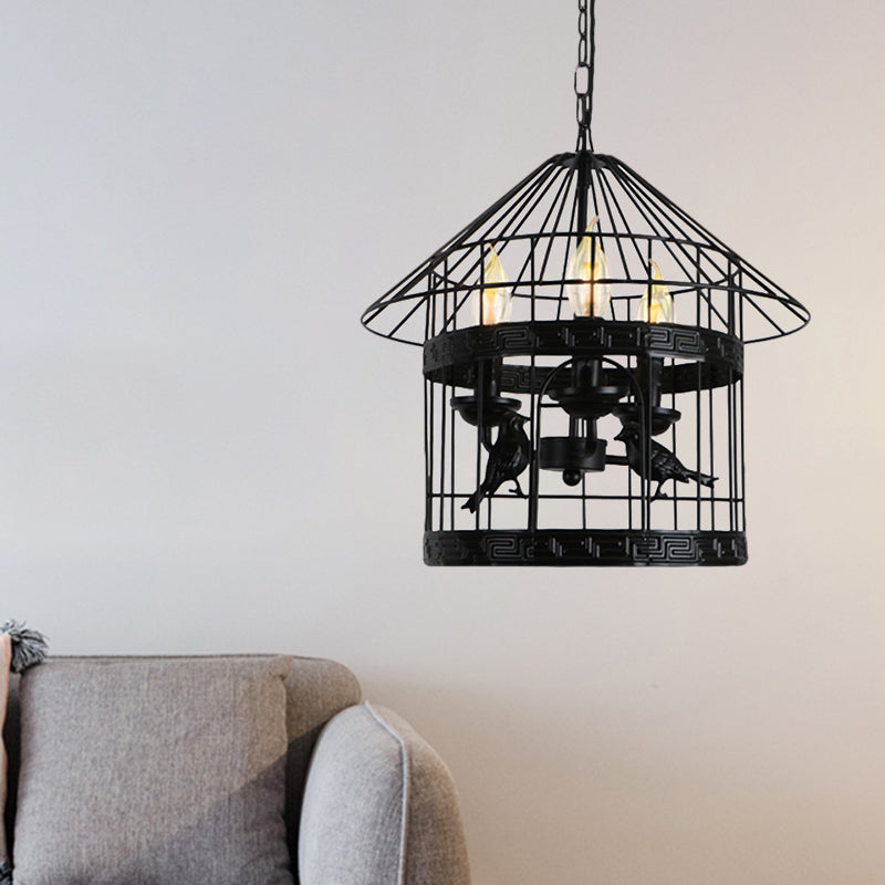 Barrel/Birdcage Chandelier Lighting - Vintage Style Pendant Light - 3 Lights - Black Metallic - Over Table