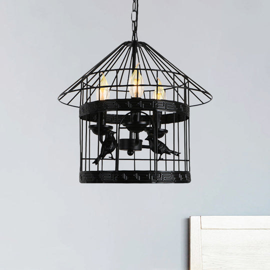 Barrel/Birdcage Chandelier Lighting - Vintage Style Pendant Light - 3 Lights - Black Metallic - Over Table