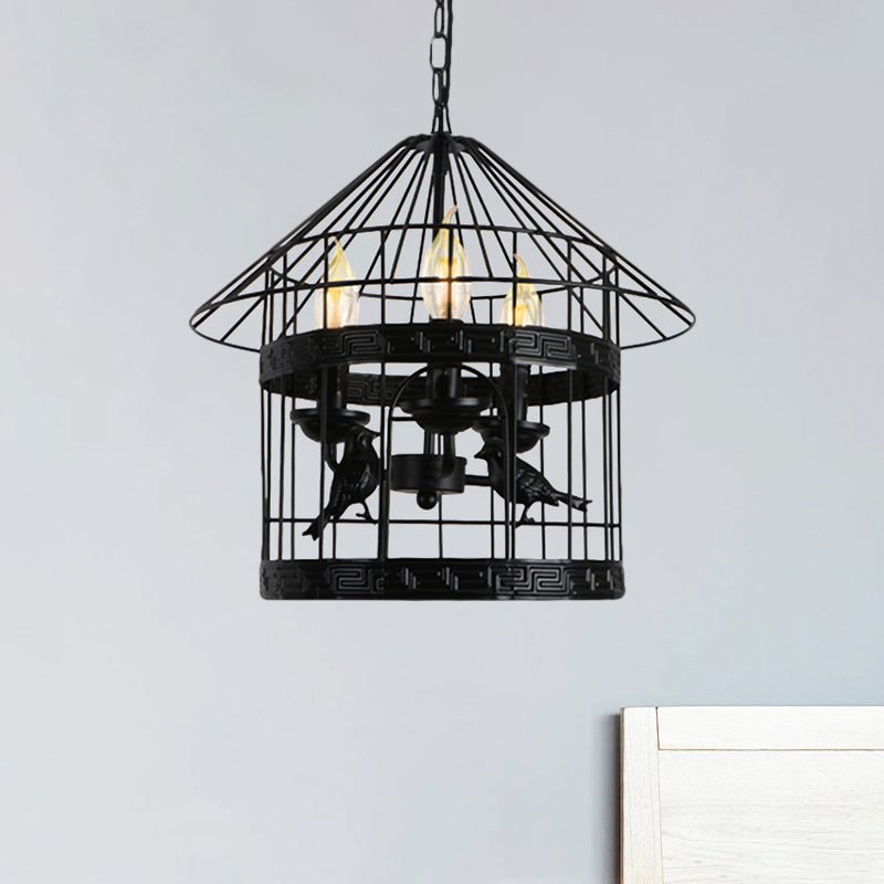 Vintage Black Barrel/Birdcage Chandelier Pendant Light With Wire Guard - 3 Lights For Table