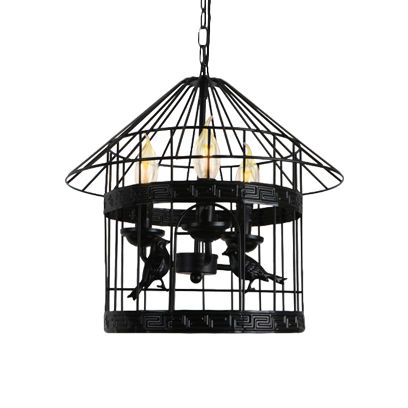 Barrel/Birdcage Chandelier Lighting - Vintage Style Pendant Light - 3 Lights - Black Metallic - Over Table