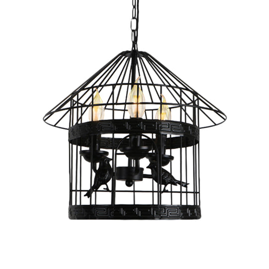 Barrel/Birdcage Chandelier Lighting - Vintage Style Pendant Light - 3 Lights - Black Metallic - Over Table