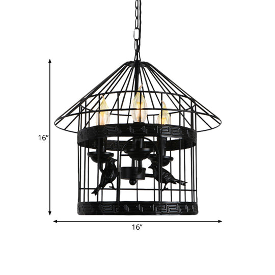 Barrel/Birdcage Chandelier Lighting - Vintage Style Pendant Light - 3 Lights - Black Metallic - Over Table