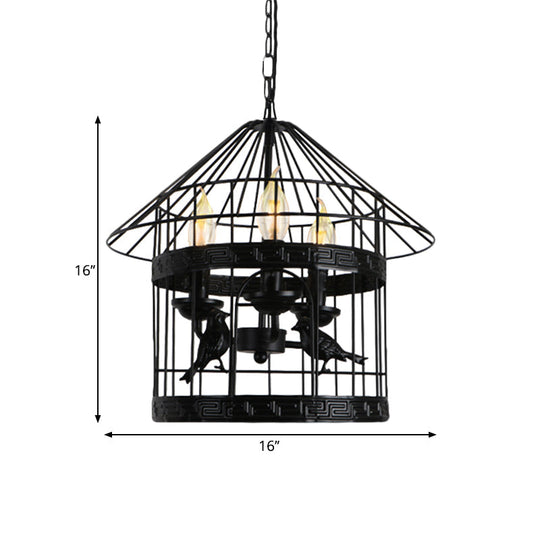 Vintage Black Barrel/Birdcage Chandelier Pendant Light With Wire Guard - 3 Lights For Table