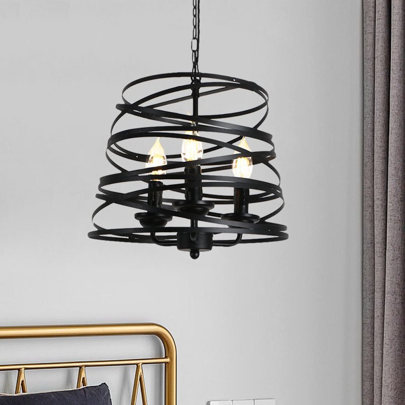 Barrel/Birdcage Chandelier Lighting - Vintage Style Pendant Light - 3 Lights - Black Metallic - Over Table