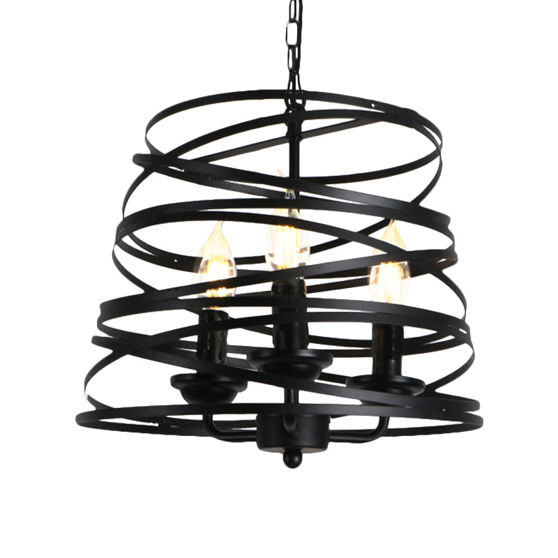 Vintage Black Barrel/Birdcage Chandelier Pendant Light With Wire Guard - 3 Lights For Table