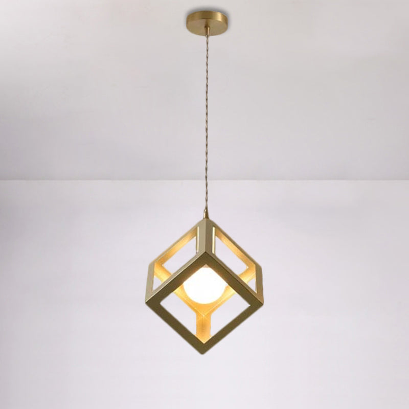 Industrial Metal Pendant Lighting with Gold Finish and Wire Frame for Dining Room - 1 Head Square/Triangle Design