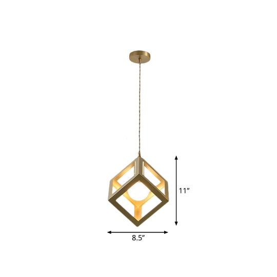 Industrial Metal Pendant Lighting with Gold Finish and Wire Frame for Dining Room - 1 Head Square/Triangle Design