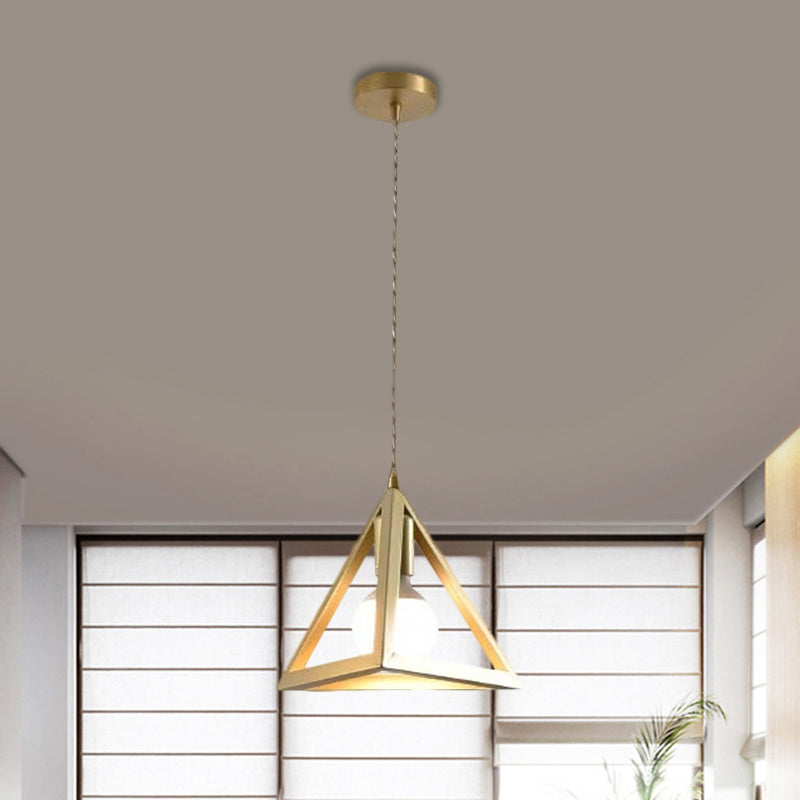 Industrial Metal Pendant Lighting with Gold Finish and Wire Frame for Dining Room - 1 Head Square/Triangle Design