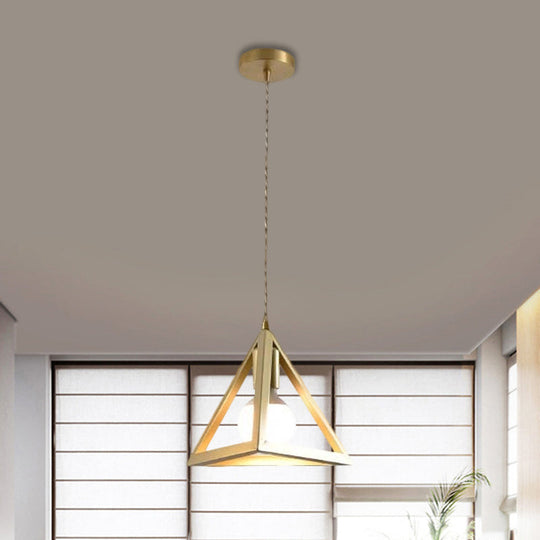 Industrial Metal Pendant Lighting with Gold Finish and Wire Frame for Dining Room - 1 Head Square/Triangle Design