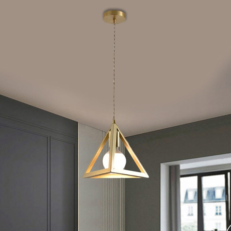 Industrial Metal Pendant Lighting with Gold Finish and Wire Frame for Dining Room - 1 Head Square/Triangle Design