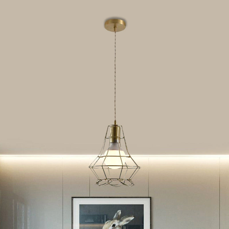 Industrial Metal Pendant Lighting with Gold Finish and Wire Frame for Dining Room - 1 Head Square/Triangle Design