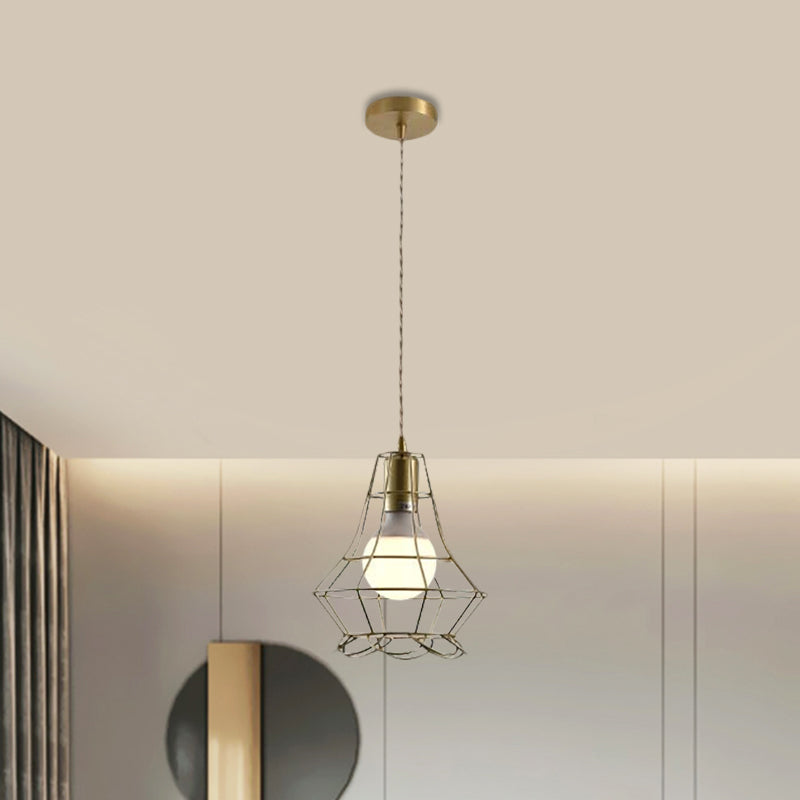 Industrial Metal Pendant Lighting With Gold Finish And Wire Frame For Dining Room Or Ambient