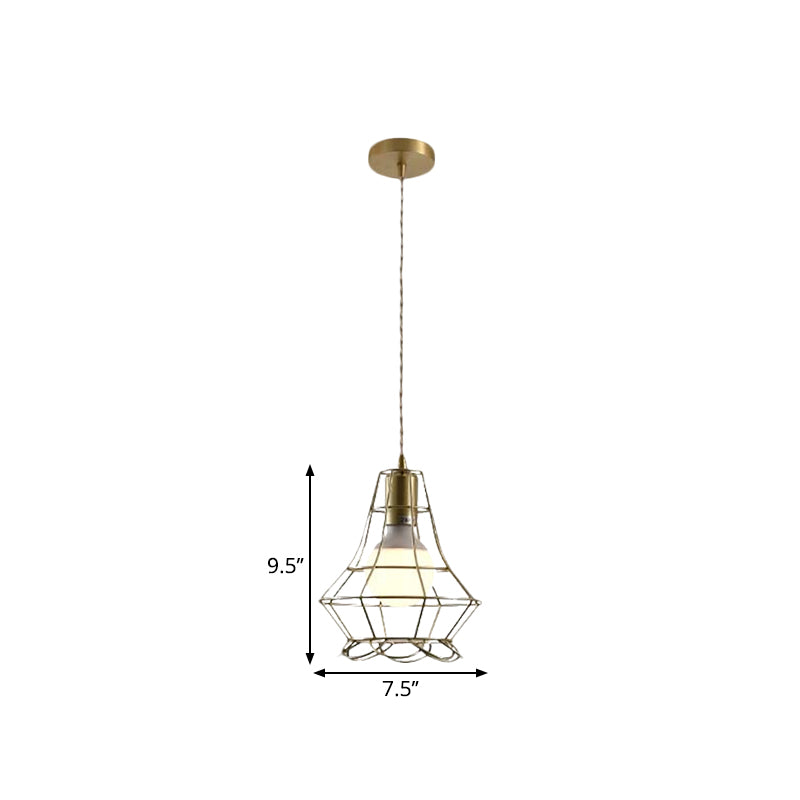 Industrial Metal Pendant Lighting With Gold Finish And Wire Frame For Dining Room Or Ambient