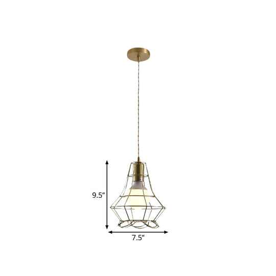 Industrial Metal Pendant Lighting With Gold Finish And Wire Frame For Dining Room Or Ambient