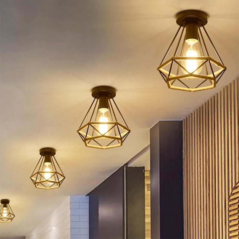 Lodge Style Metal And Rope Semi Flush Mount Ceiling Light With Black Finish - Ideal For Hallway