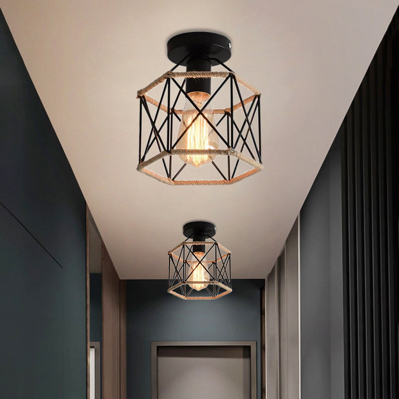 Lodge Style Metal And Rope Semi Flush Mount Ceiling Light With Black Finish - Ideal For Hallway