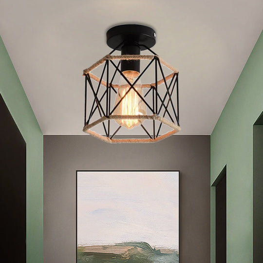 Lodge Style Metal And Rope Semi Flush Mount Ceiling Light With Black Finish - Ideal For Hallway