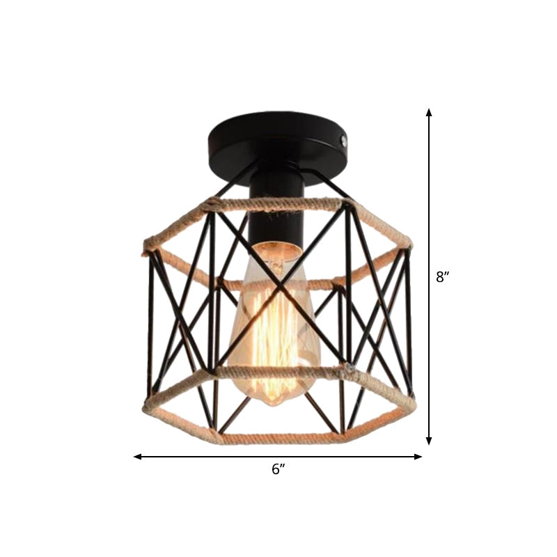 Lodge Style Metal And Rope Semi Flush Mount Ceiling Light With Black Finish - Ideal For Hallway