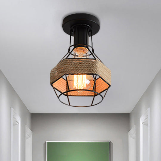 Lodge Style Metal And Rope Semi Flush Mount Ceiling Light With Black Finish - Ideal For Hallway