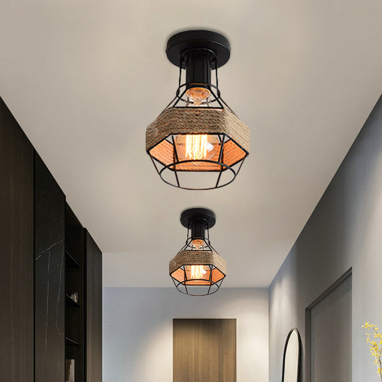 Lodge Style Metal And Rope Semi Flush Mount Ceiling Light With Black Finish - Ideal For Hallway