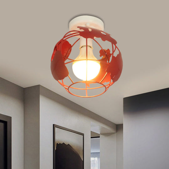 Industrial Style Metallic Flush Mount Light with Cage Shade - 1 Head Corridor Ceiling Light in Black/Red