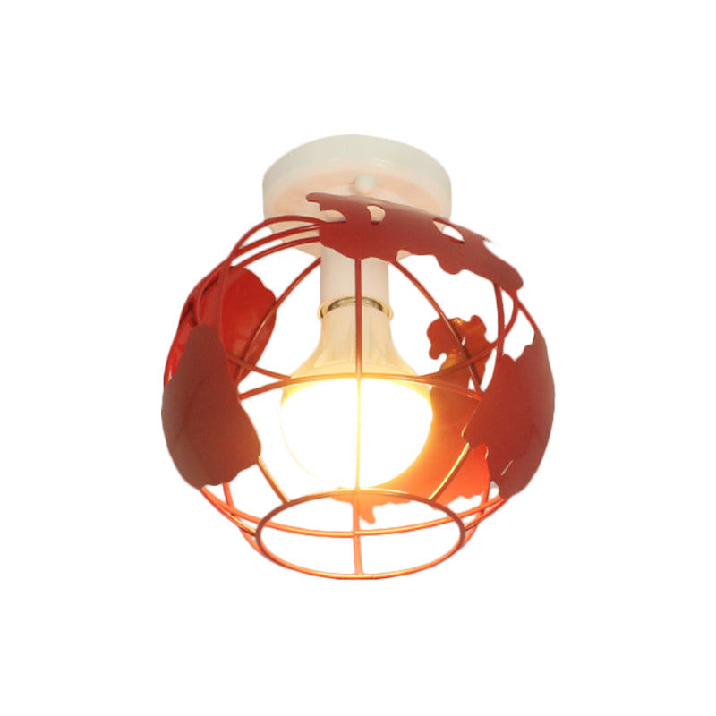 Industrial Style Metallic Flush Mount Light with Cage Shade - 1 Head Corridor Ceiling Light in Black/Red