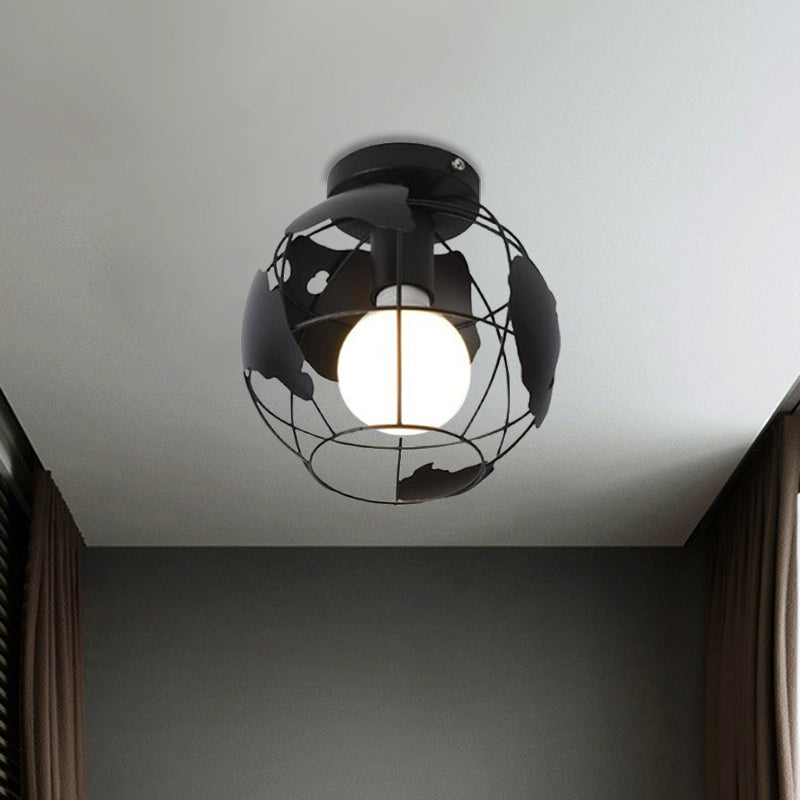 Industrial Style Metallic Flush Mount Light With Cage Shade - 1 Head Corridor Ceiling In Black/Red