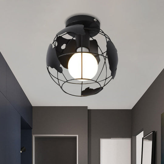 Industrial Style Metallic Flush Mount Light with Cage Shade - 1 Head Corridor Ceiling Light in Black/Red