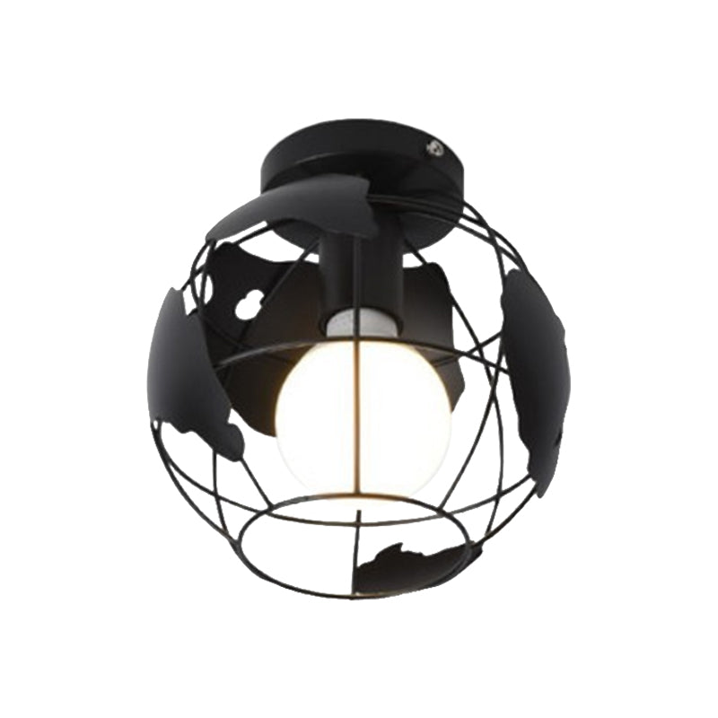 Industrial Style Metallic Flush Mount Light with Cage Shade - 1 Head Corridor Ceiling Light in Black/Red