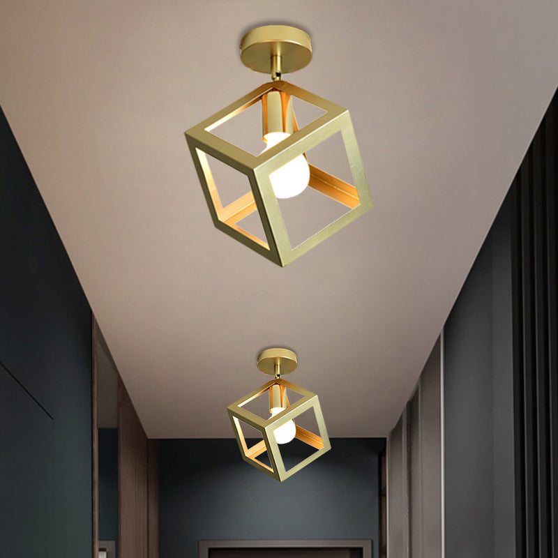 Stylish Metal Semi-Mount Ceiling Fixture with Brass Finish - 1 Bulb Bedroom Lighting in Cylinder/Square Frame