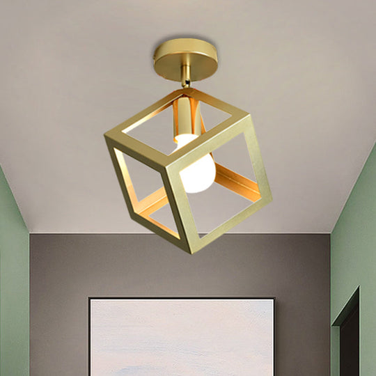 Stylish Metal Semi-Mount Ceiling Fixture with Brass Finish - 1 Bulb Bedroom Lighting in Cylinder/Square Frame