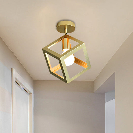 Stylish Metal Semi-Mount Ceiling Fixture with Brass Finish - 1 Bulb Bedroom Lighting in Cylinder/Square Frame