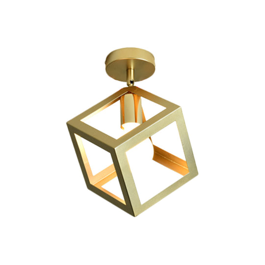 Stylish Metal Semi-Mount Ceiling Fixture with Brass Finish - 1 Bulb Bedroom Lighting in Cylinder/Square Frame