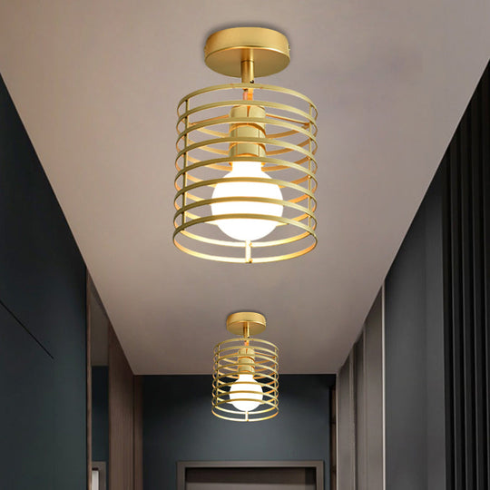 Stylish Metal Semi-Mount Ceiling Fixture with Brass Finish - 1 Bulb Bedroom Lighting in Cylinder/Square Frame