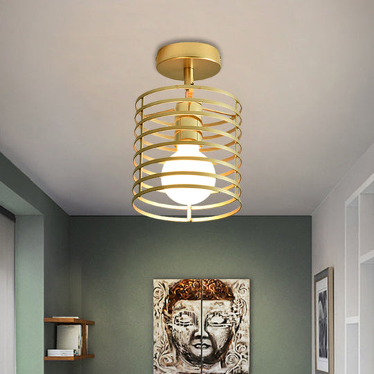 Stylish Metal Semi-Mount Ceiling Fixture with Brass Finish - 1 Bulb Bedroom Lighting in Cylinder/Square Frame