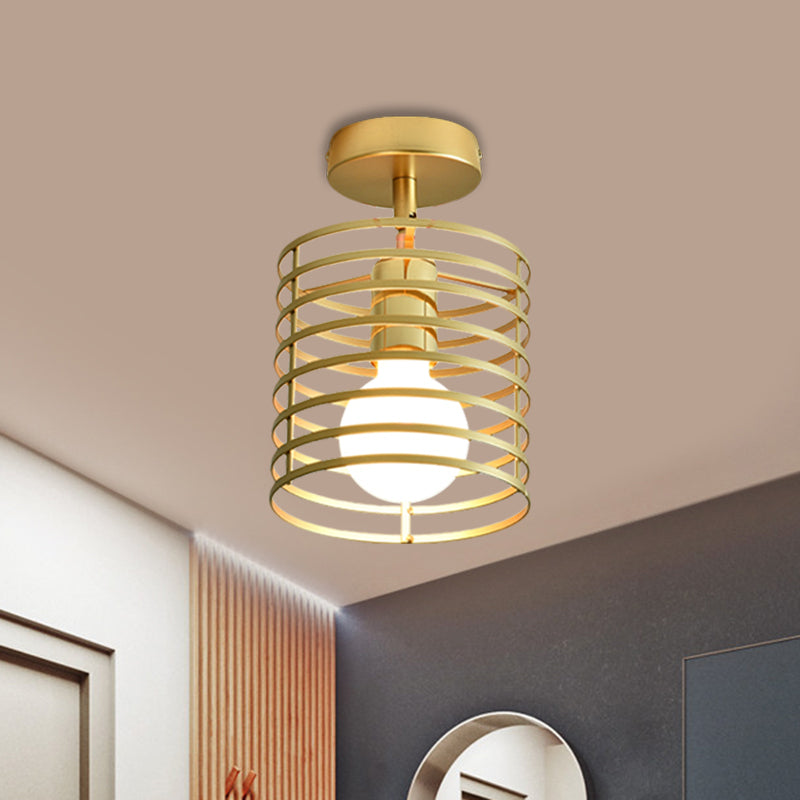 Stylish Metal Semi-Mount Ceiling Fixture with Brass Finish - 1 Bulb Bedroom Lighting in Cylinder/Square Frame