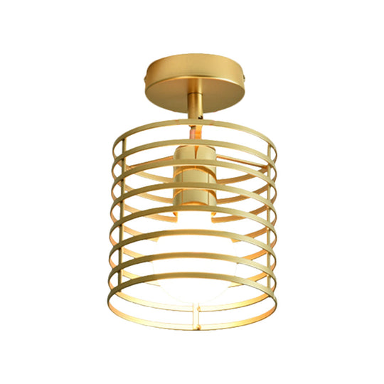 Stylish Metal Semi-Mount Ceiling Fixture with Brass Finish - 1 Bulb Bedroom Lighting in Cylinder/Square Frame