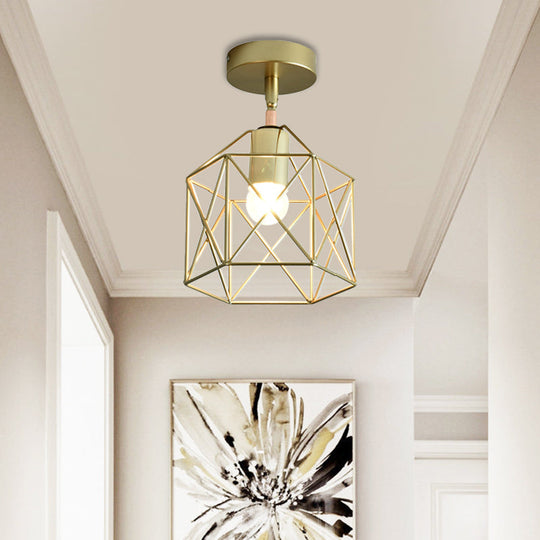 Stylish Metal Semi-Mount Ceiling Fixture with Brass Finish - 1 Bulb Bedroom Lighting in Cylinder/Square Frame