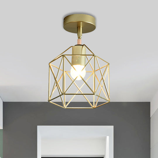 Stylish Metal Semi-Mount Ceiling Fixture with Brass Finish - 1 Bulb Bedroom Lighting in Cylinder/Square Frame