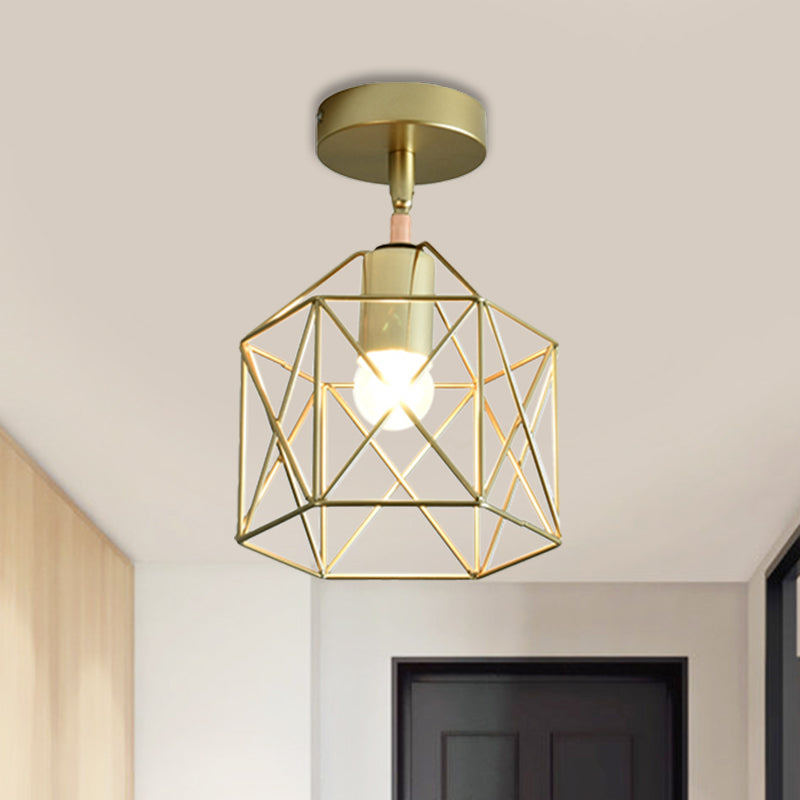 Stylish Metal Semi-Mount Ceiling Fixture with Brass Finish - 1 Bulb Bedroom Lighting in Cylinder/Square Frame