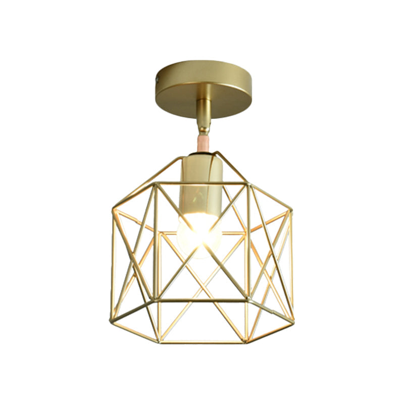 Stylish Metal Semi-Mount Ceiling Fixture with Brass Finish - 1 Bulb Bedroom Lighting in Cylinder/Square Frame