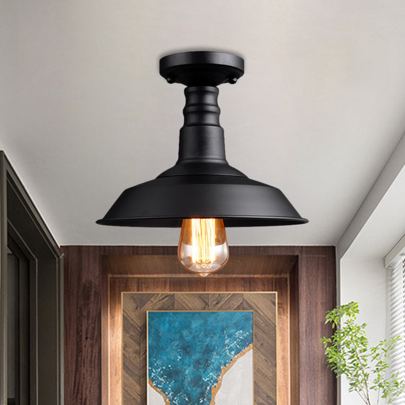 Vintage Style Metal Ceiling Mounted Light - Barn Shade Design - 1 Head Foyer Semi-Flush - Black/White