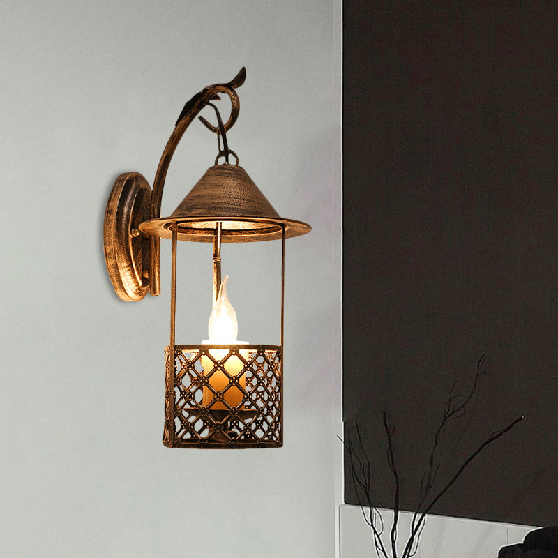 Farmhouse Brass Metal Wall Sconce With Flameless Candle For Restaurants - 1 Head Lantern Light