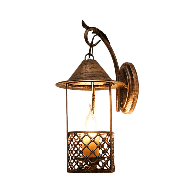 Farmhouse Brass Metal Wall Sconce With Flameless Candle For Restaurants - 1 Head Lantern Light