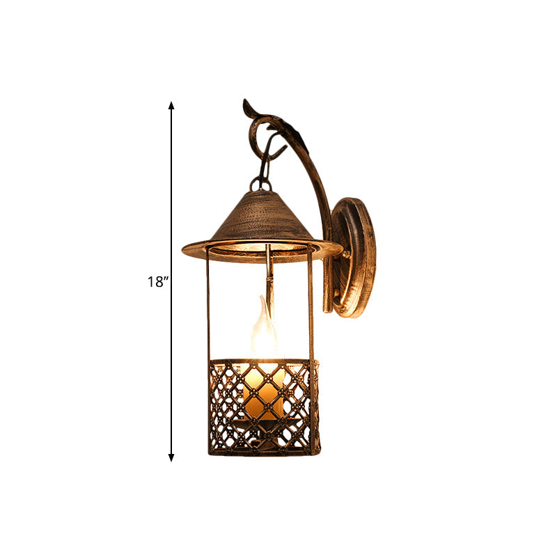 Farmhouse Brass Metal Wall Sconce With Flameless Candle For Restaurants - 1 Head Lantern Light