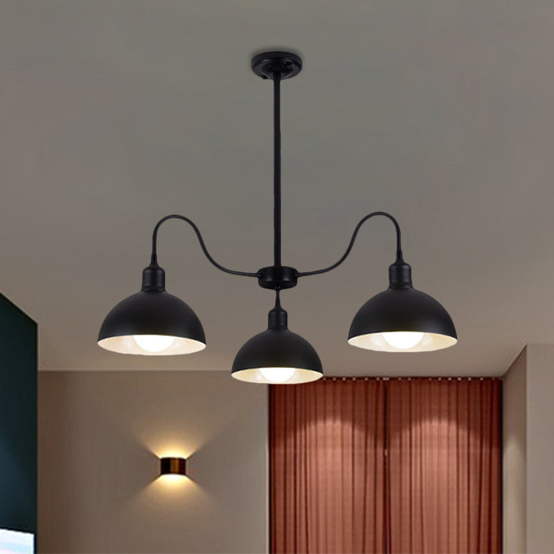 Black Finish 3-Head Chandelier Pendant with Retro Style Dome Shade - Ideal for Dining Room